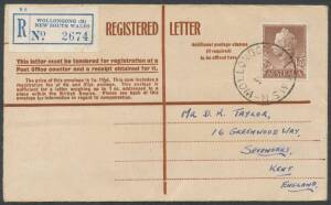 Stationery: REGISTRATION ENVELOPES: 1959 formular 'REGISTERED LETTER' without imprinted value intended for use in the Australian Territories unusually sent from NSW to England with QEII 1/7d tied 'WOLLONGONG/31JY59/NSW-AUST' cds and blue 'R6' label alongs