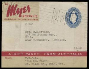 Stationery: FOOD PARCEL LABELS: 1946 'The Myer Emporium Ltd' 5/10d blue complete label sent to England with Melbourne '-2MY47' parcel roller cancel, minor blemishes & folds resulting in small split.