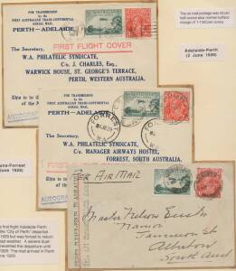 Aerophilately: 1929 (June 2) WA Philatelic Syndicate group of covers AAMC#136-137a carried on first flight of WA Airways Ltd Adelaide-Perth & Perth-Adelaide route comprising one each way plus nine intermediates to or from Kalgoorlie, Forrest & Ceduna all 