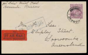 Aerophilately: 1929-37 KGV frankings including 4Â½d on 1929 Toowoomba-Brisbane cover with 'See Western Queensland' label tied, 1929 Â½d x2 with 'Angel' vignette tied on 3d Airmail FDC, 1930 Perth-Carnarvon with 'PER AERIAL MAIL ROUTE' cachet, 1930 Brisban