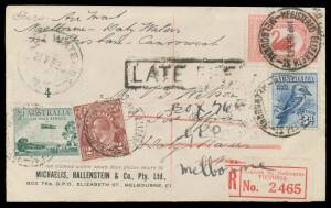 Aerophilately: 1930 (Feb 19) registered cover AAMC #151&152 carried on both outward & return leg of first flight of Australian Aerial Services Camooweal-Daly Waters (NT) route with KGV 2d brown, 1Â½d WA Swan, 3d Kooka & 2d Airmail tied 'REGISTERED ELIZABE