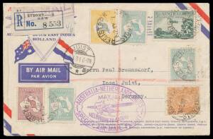 Aerophilately: 1931 (May 31) illustrated cover with SMult Wmk Roos 1/- x3 2/- & 5/- + 3d Airmail & KGV 5d tied by Sydney cds with blue 'R' label & 'AUSTRALIA-NETHERLANDS INDIES/[plane]/MELBOURNE TO BATAVIA/SPECIAL AIR MAIL FLIGHT' h/s in violet AAMC #205