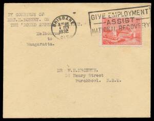 Aerophilately: 1932 (Aug 15) cover AAMC #277a endorsed 'BY COURTESY OF MRS. H BONNEY ON THE ROUND AUSTRALIA FLIGHT/Melbourne to Wangaratta' carried on the first aerial circumnavigation of Australia by a woman with Bridge 2d tied 'BRISBANE/4OCT/QLD' machin