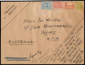 Aerophilately: 1934 (Oct 22) oversize envelope (254x192mm) endorsed "Carried/by Sir Charles/Kingsford Smith/& Capt PG Taylor on/Trans Pacific Flight/Australia-America/Miss Southern Cross/Oct 20 1934" #455, signed by the pilots "CKingsfordSmith" & "PG Tayl