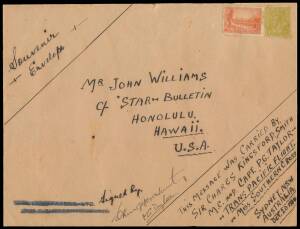 Aerophilately: 1934 (Oct 22) oversize envelope (254x192mm) endorsed "Carried/by Sir Charles/Kingsford Smith/& Capt PG Taylor on/Trans Pacific Flight/Australia-America/Miss Southern Cross/Oct 20 1934" #455, signed by the pilots "CKingsfordSmith" & "PG Tayl