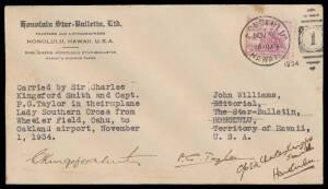 Aerophilately: 1934 (Nov 1) Hawaii-Los Angeles per "Lady South Cross" #455a with USA 3c National Redevelopment Association tied by Honolulu cancel & 'LOS ANGELES/NOV5/CALIF - 1934' arrival b/s, signed by the pilots "CKingsford Smith" & PG Taylot", minor b