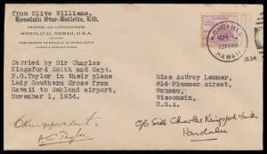 Aerophilately: 1934 (Nov 1) Hawaii-Los Angeles per "Lady South Cross" #455a with USA 3c National Redevelopment Association tied by Honolulu cancel & 'LOS ANGELES/NOV5/CALIF - 1934' arrival b/s, signed by the pilots "CKingsford Smith" & PG Taylot", couple 