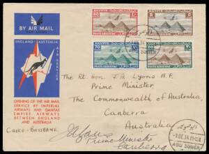 Aerophilately: 1934 (Dec) covers carried by QANTAS/Imperial on first regular England-Australia service including from Flt Lieut RR Greenlaw MBE, Royal Air Force addressed to the Australian Prime Minister with Egypt Airmails tied '9DE34/ABU SUWER' cds sign