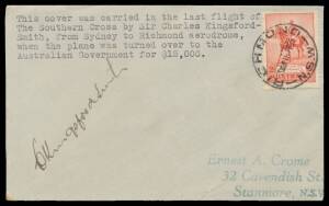 Aerophilately: 1935 (July 18) Sydney-Richmond Aerodrome Last Flight of the "Southern Cross" #514, signed by the pilot "CKingsford Smith", Cat $650.