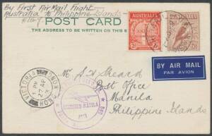 Aerophilately: 1937 (Apr 20) Australia-Hong Kong-Philippines per Pan Am FAM-14 at 1/4d rate from Adelaide with KGV 1/4d, and postcard at 8d rate from Brisbane, both with the flight cachet in violet. Very scarce duo. (2)