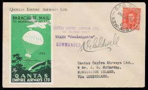 Aerophilately: 1942-54 QANTAS labels on flight covers comprising five different 1942-48 'PARACHUTE MAIL/TO MORNINGTON ISLAND' carried by Flying Boat, 1947 Norfolk Island, New Guinea, Rabaul, Japan pair with 'BCOF' overprint and Harbour Bridge & Tower Brid