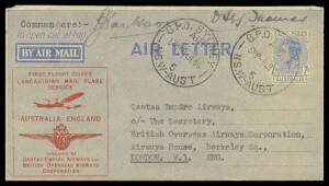 Aerophilately: 1945 QANTAS Australia-England re-opening of service 1945 KGVI 7d 'AIR LETTER' overprinted '.../ LANCASTRIAN MAIL PLANE/SERVICE/AUSTRALIA-ENGLAND/...' in red (AAMC #1007b) carried on the first Lancastrian service, 1946 KGVI 7d 'AIRLETTER' ov