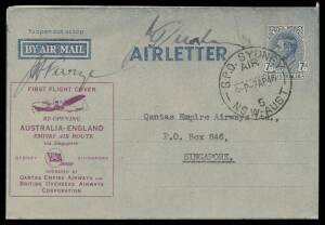 Aerophilately: 1945-54 Flights accumulation noted 1945 first civilian service to Singapore by Flying Boat 'Coriolanus' (AAMC #1009) and Ceylon-Sydney by Liberator (#1017), 1946 KGVI 7d 'AIRLETTER' overprinted '.../RE-OPENING/ AUSTRALIA-ENGLAND/EMPIRE AIR 