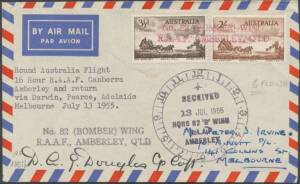 Aerophilately: 1953-88 Collection of domestic & international flights noted 1955 RAAF 'Round Australia' record flight (only 6 flown), Singapore FDC to $5 via QANTAS, 1959 PanAm Jet Clipper covers including Fiji intermediates, 1965 Lancaster Ferry flight t