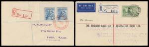 Postal History: KGV Commemoratives frankings noted 1927 Canberra 1Â½d x3 first flight with 'FORWARDED/BY AIR MAIL' cachet & 'CLONCURRY' cds, 1928 Kooka 3d pair from top half of M/S with red 'EXHIBITION' cds and blank 'R' label, 1932 Bridge 2d & 3d 'OS' ov