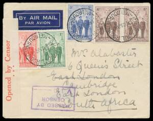 Postal History: Destination mail including 1922 Australian Museum postcard to USA with KGV 1d violet 'OS/NSW' punctured pair, 1939 KGV 1Â½d postal card uprated airmail to Syria, 1940 censored airmail to South Africa & 5d Ram single airmail to Fiji, 1947 r