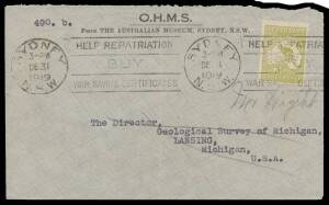 Postal History: Kangaroo frankings noted 1915 Geological Survey postcard to USA with Â½d punctured small 'OS' & KGV 1d red 'OS', 1919 Australian Museum OHMS cover to USA with 3d 'OS/NSW' single, 1925 to Germany via Italy with 6d brown single, 1931 Netherl