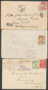 Postal History: Kangaroo frankings noted 1915 Geological Survey postcard to USA with Â½d punctured small 'OS' & KGV 1d red 'OS', 1919 Australian Museum OHMS cover to USA with 3d 'OS/NSW' single, 1925 to Germany via Italy with 6d brown single, 1931 Netherl - 4