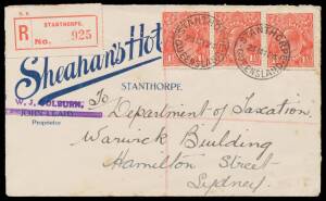 Postal History: KGV frankings noted 1915 to USA with 1d red x3 sealed with selvedge (including 'JBC' monogram!) on back, 1922 to USA with 4d blue single, 1924 'Sheahan's Hotel' cover with 1Â½d red x3 tied 'STANTHORPE/QUEENSLAND' cds & red 'R' label, 1924 