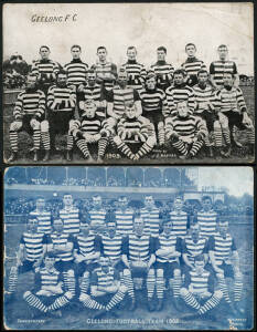 GEELONG: 1908 W.H.Watts postcard "Geelong Football Team 1908"; plus 1909 J.E.Barnes postcard "Geelong F.C. 1909". Fair/G condition.