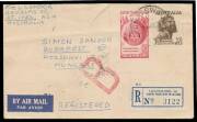 Postal History: KGVI & QEII frankings noted 1940 5d Ram pair airmail to Straits Settlements, 1949 BCOF with Mustang Fighter Plane cachet, 1955 registered airmail to Hungary, 1956 QEII 3d single British Defence Forces rate with 'NAVAL SERVICE' cachet, 1958