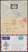 Postal History: KGVI & QEII frankings noted 1940 5d Ram pair airmail to Straits Settlements, 1949 BCOF with Mustang Fighter Plane cachet, 1955 registered airmail to Hungary, 1956 QEII 3d single British Defence Forces rate with 'NAVAL SERVICE' cachet, 1958 - 7