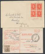 Postal History: KGVI & QEII frankings noted 1940 5d Ram pair airmail to Straits Settlements, 1949 BCOF with Mustang Fighter Plane cachet, 1955 registered airmail to Hungary, 1956 QEII 3d single British Defence Forces rate with 'NAVAL SERVICE' cachet, 1958 - 9