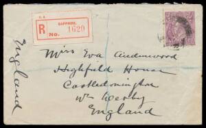 Postal History: Queensland group of covers including 1924 with KGV 4Â½d single and red 'SAPPHIRE' label (small, fat 'R') and 1926 with KGV 1Â½d x3 tied 'YEPPOON/QUEENSLAND' and red 'R' label, others with KGV frankings and postmarks including 'EMERALD', JW