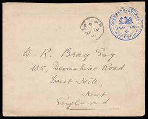 Postal History: 1901 envelope with 'QUEENSLAND CLUB' embossing on the flap, to England with largely superb strike of 'GOVERNOR-GENERAL/[Coat of Arms]/FRANK STAMP/AUSTRALIA' h/s in blue with defaced Brisbane d/s of SP19/01 alongside, minor soiling & corner