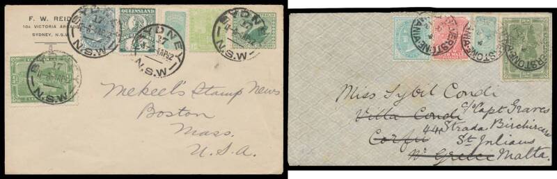 Postal History: 1912 cover to USA franked with Â½d issues from all six States tied Sydney '-4AP12' datestamps slightly overpaying 2Â½d foreign letter rate, also cover to Malta with mixed franking of Tasmania Pictorial Â½d green, NSW Arms 1d red and Â½d gr