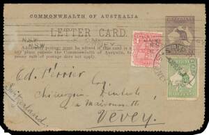 Postal History: 1913 usage to Switzerland of 1d Roo Letter Card ("LAKE ST CLAIR") in purple uprated with NSW 1d & Â½d Roo (rounded corner) tied by Sydney machine cancel & 'SHIP ROOM/SYDNEY NSW' cds, light 'VEVEY' arrival b/s, minor blemishes & a little ag