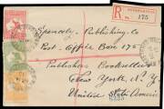 Postal History: 1913 commercial cover to New York with Roos Â½d 1d & 4d tied by 'REGISTERED/ROCKHAMPTON' cds, scarce red & black/white registration label, Honolulu transit & superb New York arrival b/s. Very pretty.