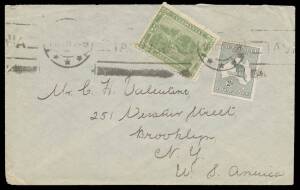 Postal History: 1913 commercial cover to New York with scarce combination franking of Kangaroo 2d grey + Tasmania Â½d tied by Hobart Krag machine cancel, minor blemishes.