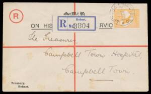 Postal History: 1914 'Treasury, Hobart' crowned OHMS envelope with 'R' in circle and registration lines pre-printed in red sent to the Treasurer of Campbell Town Hospital with Kangaroo 4d orange 'T' puncture single franking tied 'REGISTERED/ 2-JUL14/HOBAR