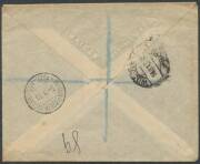 Postal History: 1915 commercial cover to Italy with Roos First Wmk 3d & Second Wmk (?) 2Â½d tied by Melbourne cds of 28JL15, red/white registration label, very fine 'BOLOGNA-POSTA ESTERA/BACC-ASS' b/s, unusually not censored, minor blemishes. Scarce desti - 2