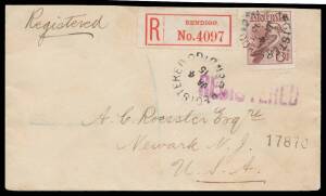 Postal History: 1915 on cover to USA with Kookaburra 6d Engraved single franking tied 'REGISTERED/JA4/15/BENDIGO' cds with red 'R' label alongside paying 3d foreign letter rate plus 3d registration fee, 'SAN FRANCISCO CAL/FEB/3/1915/ REGISTRY SECTION' tra