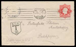 Postal History: 1917 commercial usage of "Star" 1d red STO Envelope for British Imperial Oil (Sydney), to the Dutch Indies with superb 'NSW/ T /30' h/s & 'BALIKPAPAN' arrival b/s, minor blemishes.