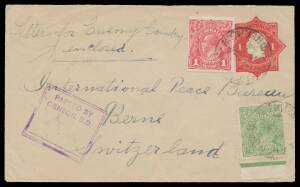 Postal History: 1918 covers endorsed "Letter for enemy country enclosed" to Switzerland both with the rare boxed 'PASSED BY/CENSOR SD/...' with Smaller Letters cachet in violet applied at Sydney, plus a cover without the endorsement & the standard cachet 