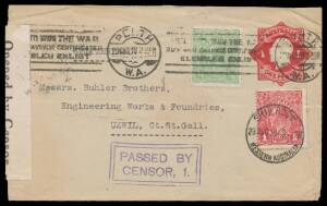 Postal History: 1918 (Aug 29) usage of Star 1d Envelope with KGV Â½d & 1d tied by 'TO WIN THE WAR/...' slogan & 'SHIP ROOM' cds of Perth, to Switzerland with scarce black/white 'Opened by Censor.' label & superb double-boxed 'PASSED BY/CENSOR, 1.' cachet 