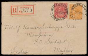 Postal History: 1922 registered to India with KGV 1d red & 4d orange tied 'QUEENSTOWN/23NO22/TASMANIA' cds and red 'R' label inscribed 'QUEENSTOWN' only (no State indicated) alongside, 'REGISTERED BRANCH LAUNCESTON/TAS' transit & 'MADRAS/14DEC22' arrival 