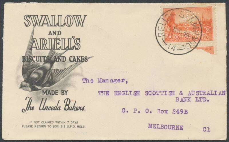 Postal History: 1934 Swallow and Ariell's Biscuits & Cakes illustrated cover with Victorian Centenary 2d 'S&W' perfin single tied 'RELIEF STAMP VIC/-2NO34/14' cds used at Melbourne, fine condition.