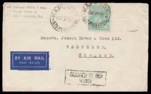 Postal History: 1936 (Aug 8) commercial airmail cover to GB with 2d (lost) & KGV 1/4d tied by Kapunda (SA) cds, boxed 'DAMAGED BY SEA/WATER' & straight-line 'amaged by SEA WATER' (on the reverse) cachets Sanford type b & an unlisted variant of type c (wit