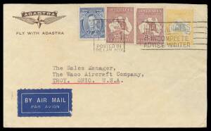 Postal History: 1937 Melbourne-California & Sydney-Ohio commercial airmail covers both via Hong Kong & Philippines per Pan Am FAM-14 at 4/8d rate with KGV 4d olive x2 & 2/- Roo x2, horizontal fold; or at double-rate of 9/3d with Roos 2/- x2 & 5/- + KGVI 3