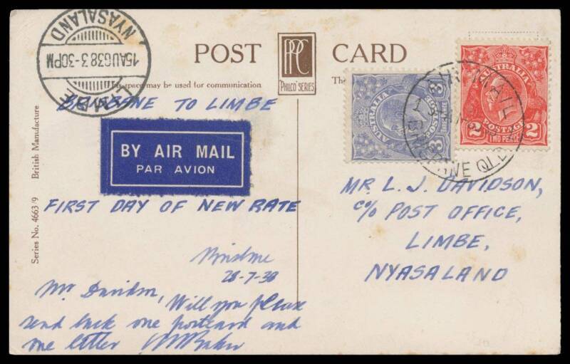 Postal History: 1938 (Aug 1) airmail PPC to Nyasaland with KGV 2d & 3d tied by Brisbane cds paying Empire Air Mail Scheme letter rate on the first day of its introduction, per Qantas/Imperial Airways flying boat service via Cairo with 'LIMBE/15AUG38' arr