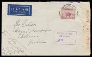 Postal History: 1939-45 World War II Civilian Censorship modest exhibit with good range of labels and cachets arranged by district including Tasmania x8 and Northern Territory x5, noted 1941 Brisbane label used with Townsville '1/2' cachet & 1945 red-on-