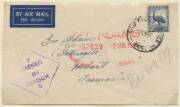 Postal History: 1939-45 World War II Civilian Censorship modest exhibit with good range of labels and cachets arranged by district including Tasmania x8 and Northern Territory x5, noted 1941 Brisbane label used with Townsville '1/2' cachet & 1945 red-on- - 5