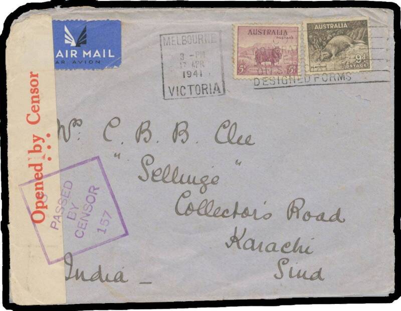 Postal History: 1939-45 World War II Civilian Censorship selection of domestic, overseas and inwards mail with destinations and origins including Hawaii, India, Palestine (airmails both ways), South Africa, Switzerland, noted Sydney 1939 'Single Text Lin