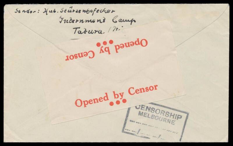 Postal History: 1939-45 World War II Civilian Censorship (late) undated cover endorsed "Internment Camp/Tatura" on the flap, to Queensland with boxed 'PASSED BY/CENSOR/V64...' h/s applied at Melbourne & the very rare boxed 'CENSORSHIP/MELBOURNE' cachet o