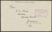 Postal History: 1939-45 World War II Civilian Censorship (late) undated cover endorsed "Internment Camp/Tatura" on the flap, to Queensland with boxed 'PASSED BY/CENSOR/V64...' h/s applied at Melbourne & the very rare boxed 'CENSORSHIP/MELBOURNE' cachet o - 2