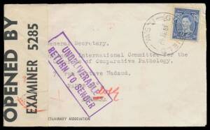 Postal History: 1940-41 undeliverable commercial covers to France from Melbourne & Sydney both censored in & returned from England with 'NO SERVICE/...' or 'UNDELIVERABLE/...' h/s, and from Hobart to Greece censored in Egypt with mss "No Service". Scarce 